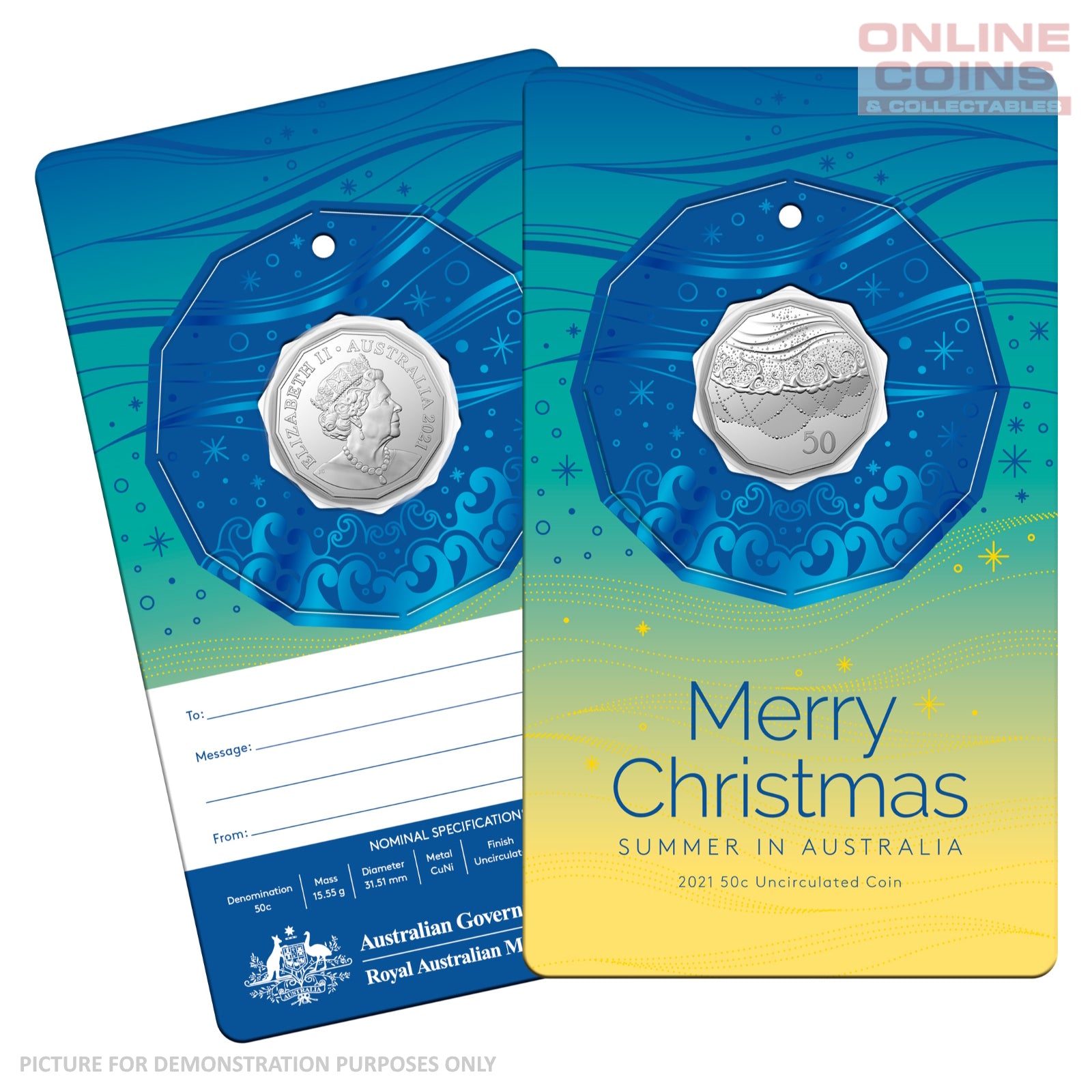 2021 50c CuNi Uncirculated Carded Coin - Christmas Decoration Blue